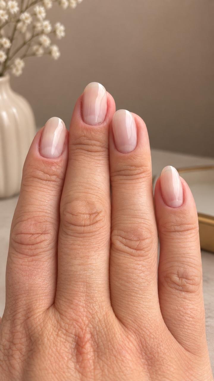 Unhas naturais com esmaltação em gel em tom nude rosado